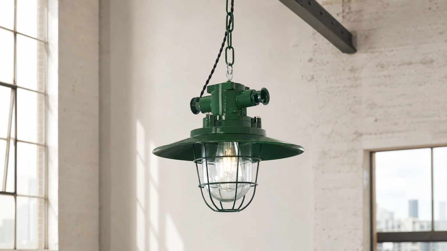 Zielona lampa wisząca Thorlux D465 pokazana w poziomej scenie wnętrza