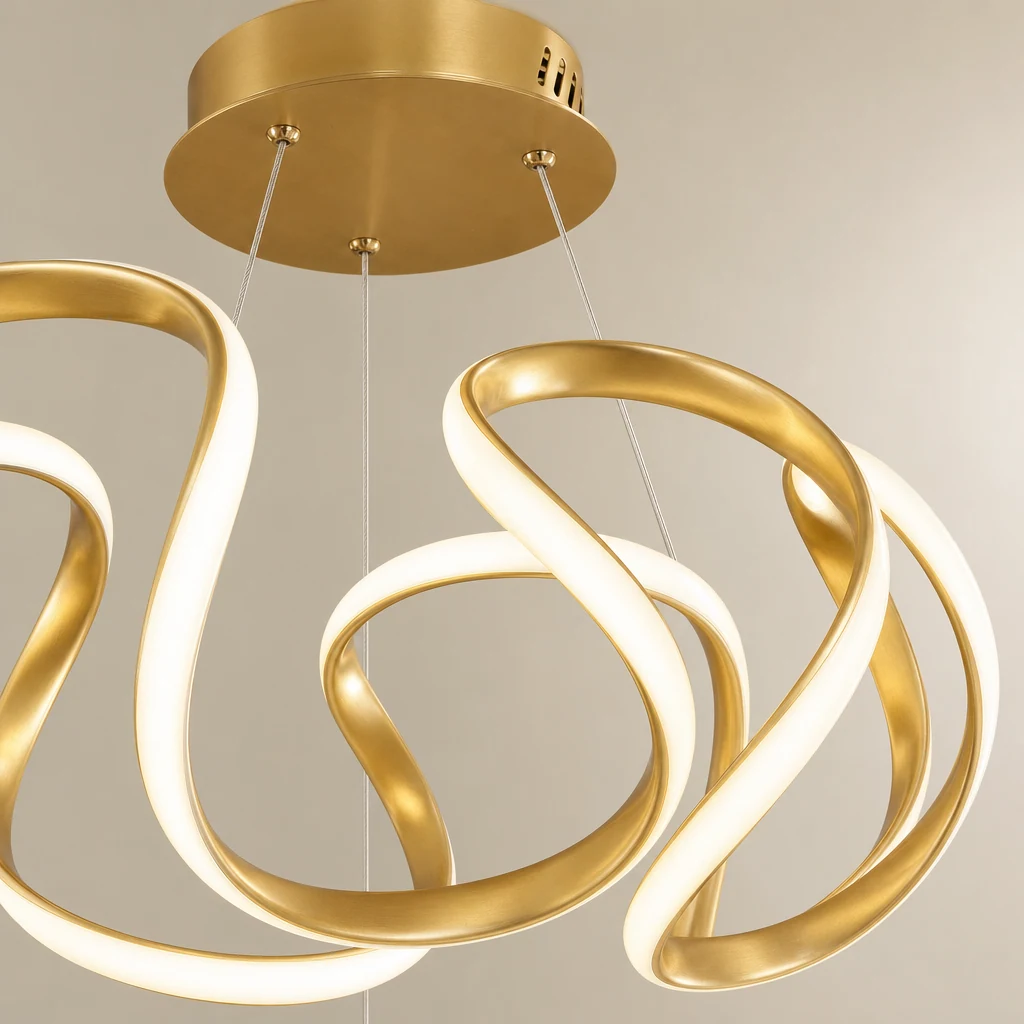Zbliżenie na wykończenie żyrandola LED RIBBON i korpus wstęgi LED