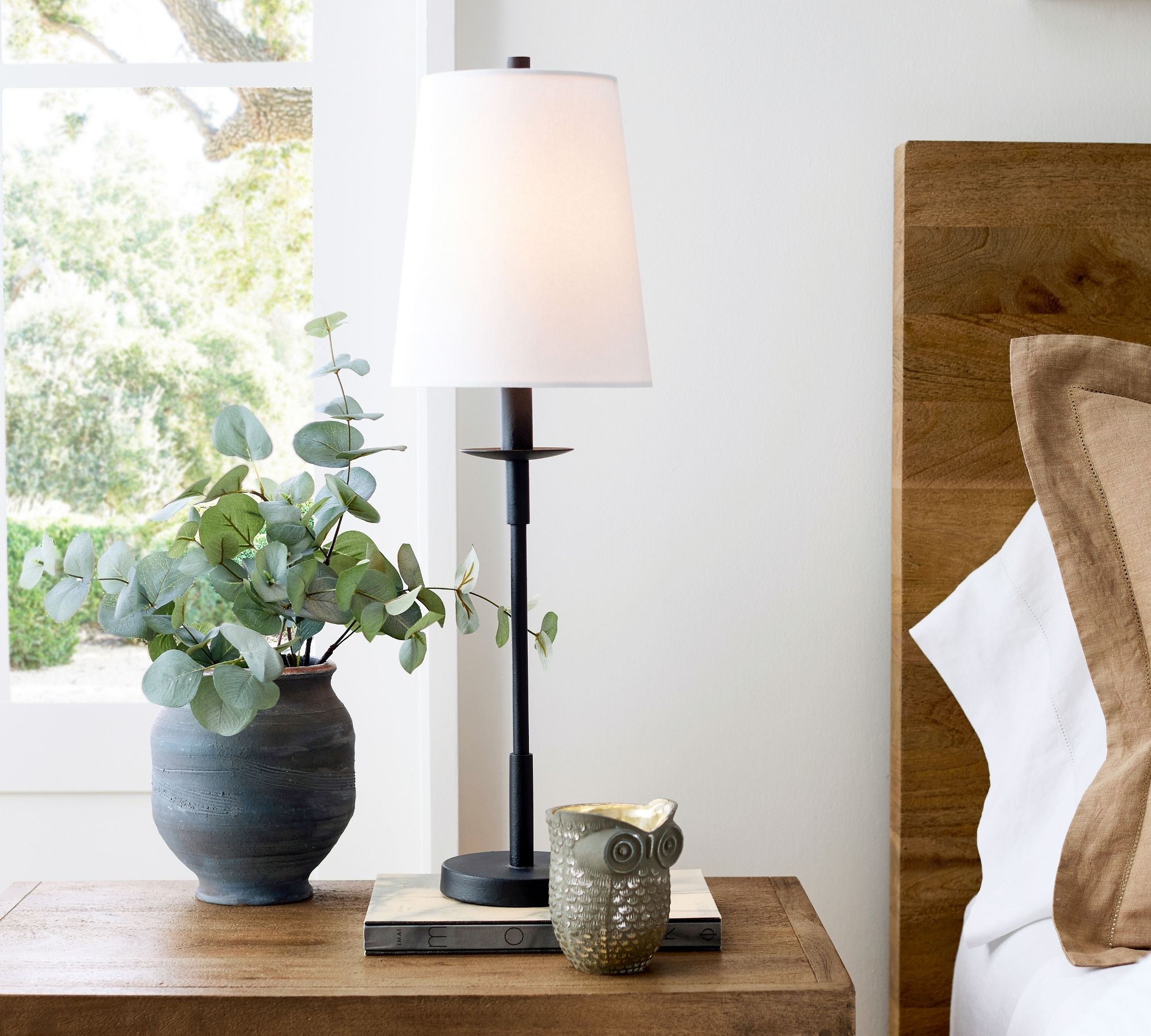 Rowan Modern Iron Table Lamp - Industrial Farmhouse Linen Bedside Reading Light T124