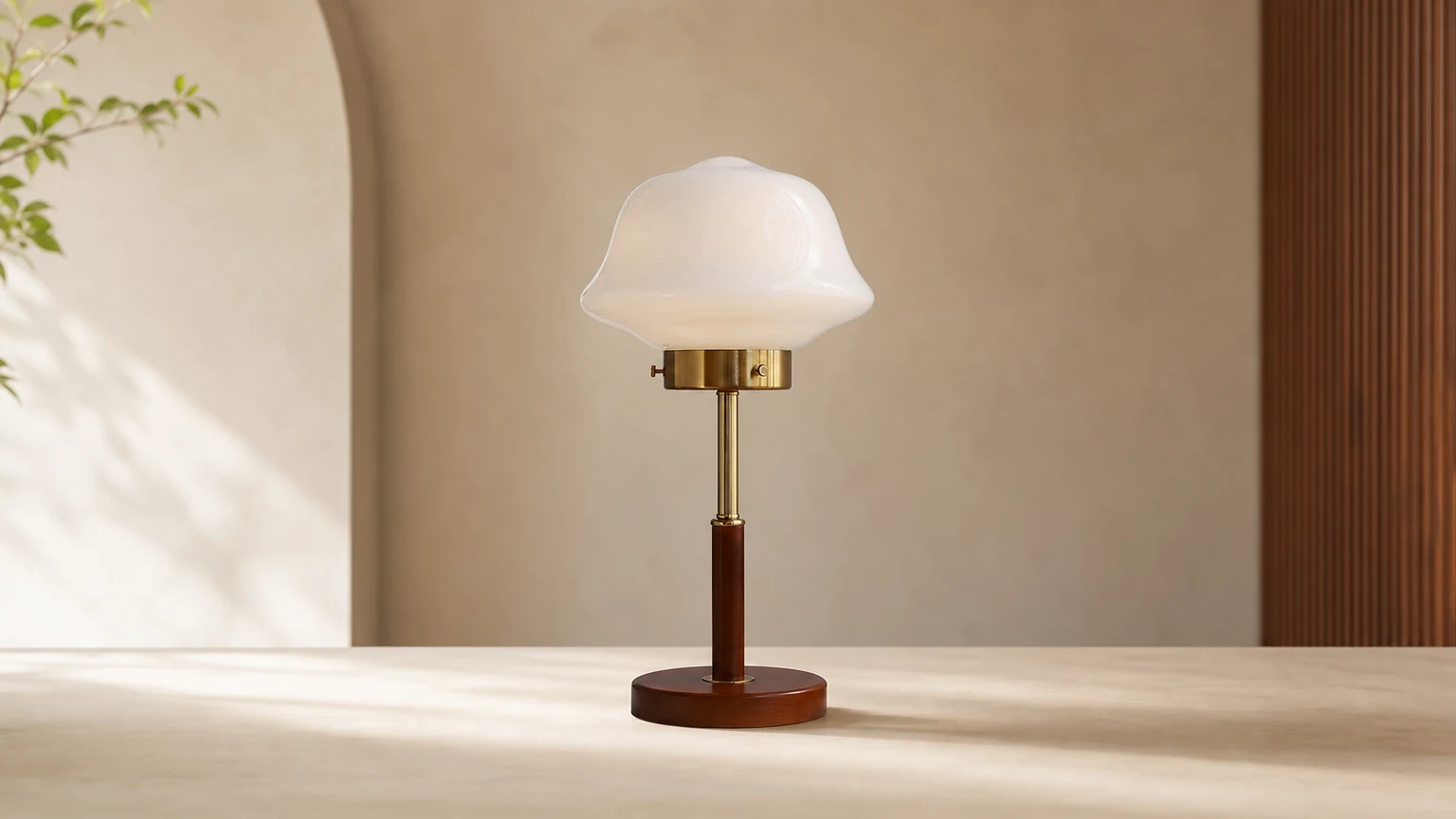 Lampa stołowa ze szkła orzechowego Mid Century Vintage M395 w ciepłym wnętrzu