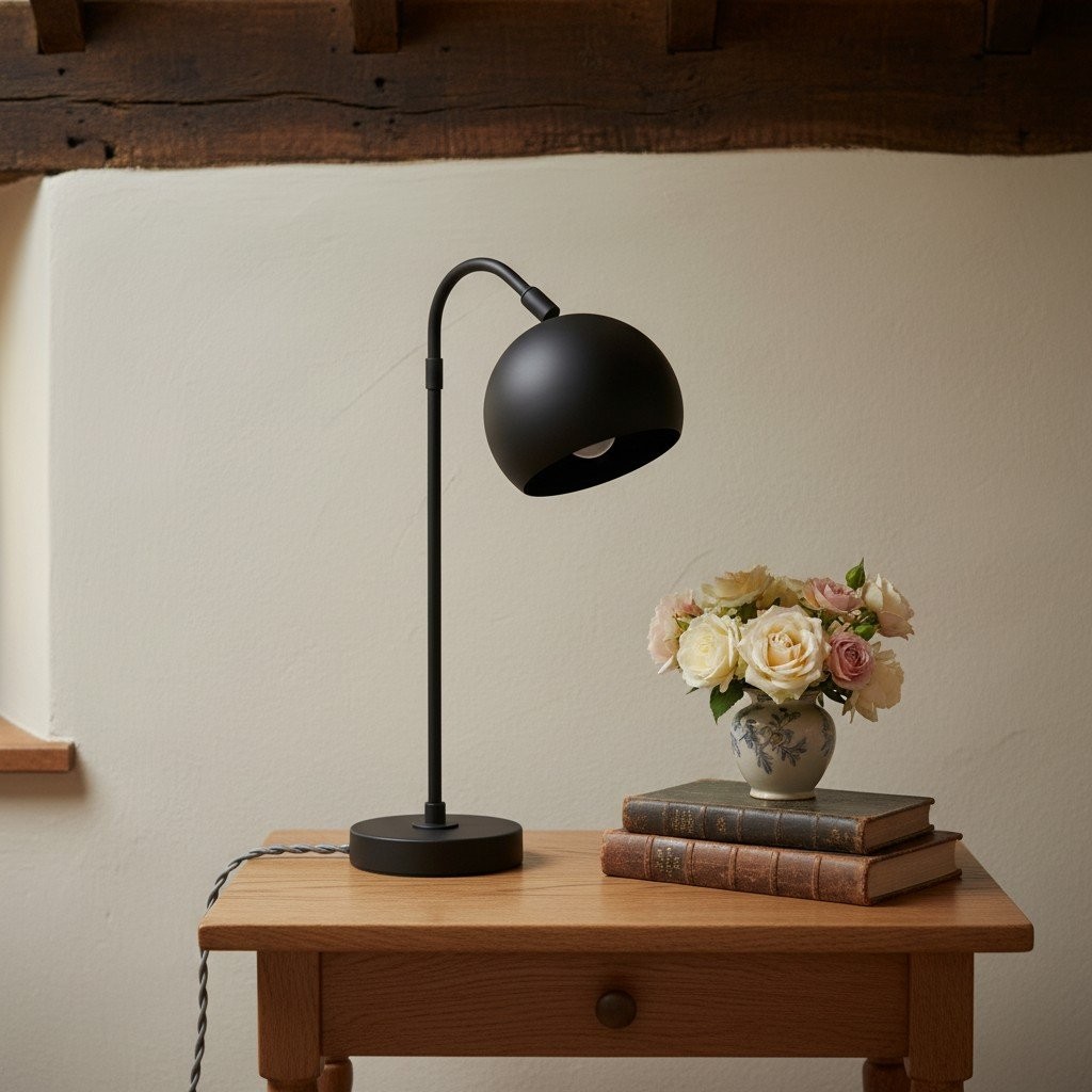 Czarna lampa Ornato Luxe na drewnianej konsoli