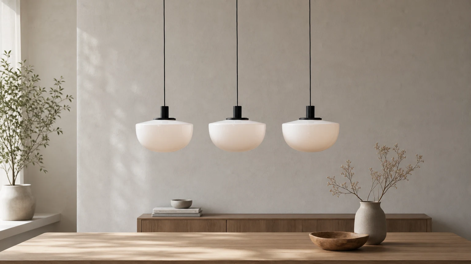 Nordisk glasspendellampe P005 vist i en horisontal romscene