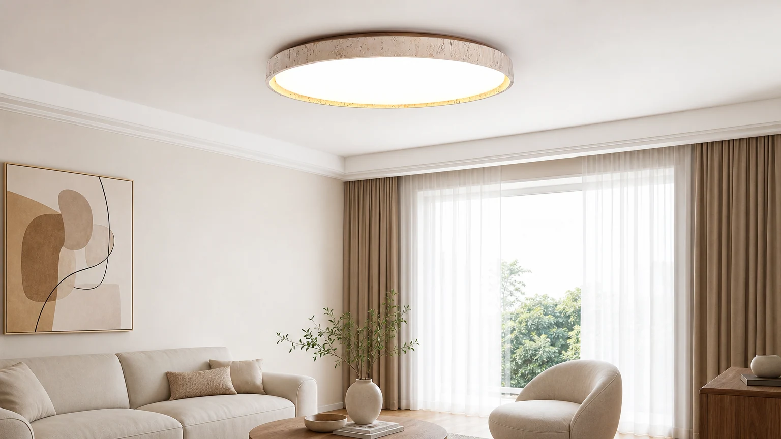 Ultra cienka okrągła lampa sufitowa z trawertynu D690 zainstalowana w pomieszczeniu