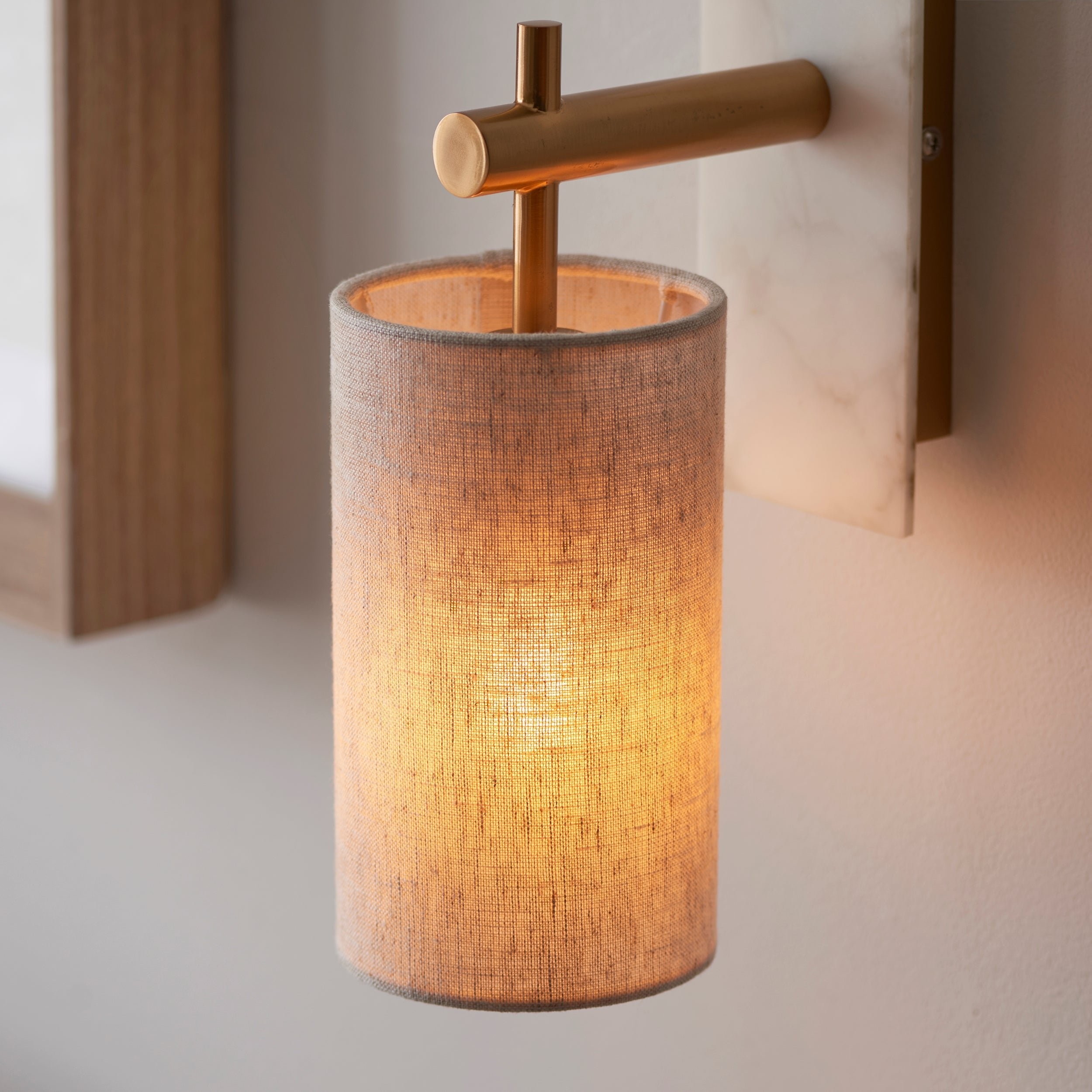 Vintage Brass Marble Wall Sconce - Natural Linen Shade T465