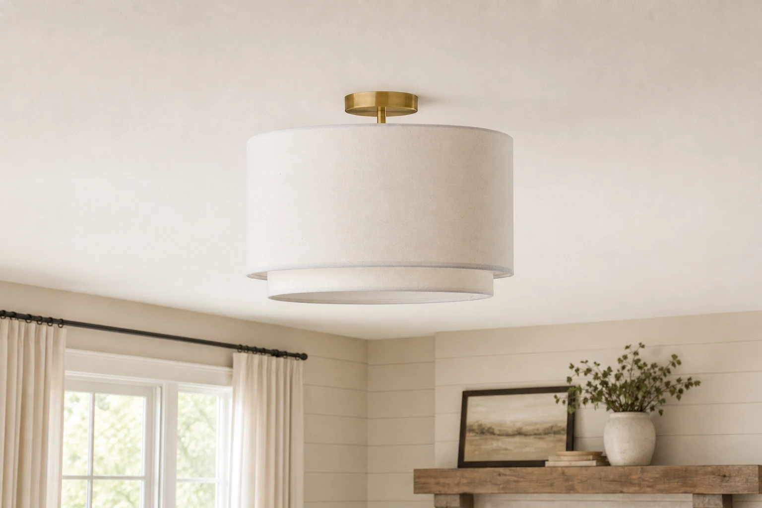 Lampa sufitowa Dumora pokazana centralnie w scenie pokoju lifestylowego