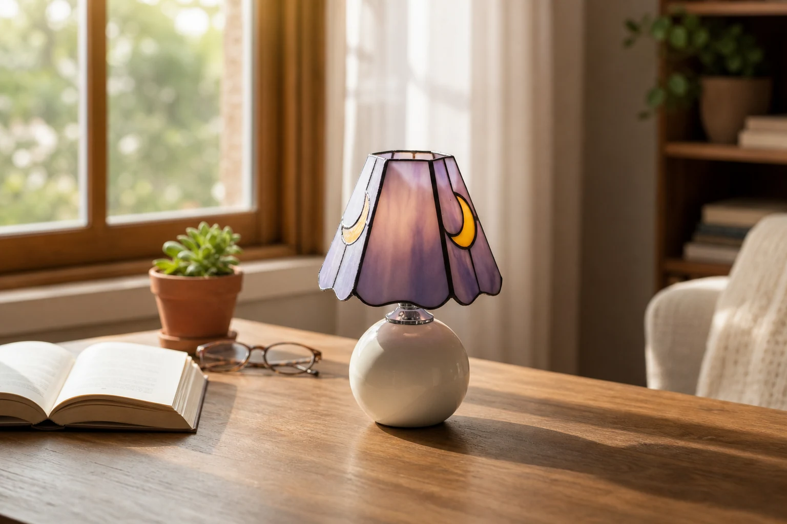 Lampa stołowa ze szkła witrażowego Stellum stylizowana na styl życia