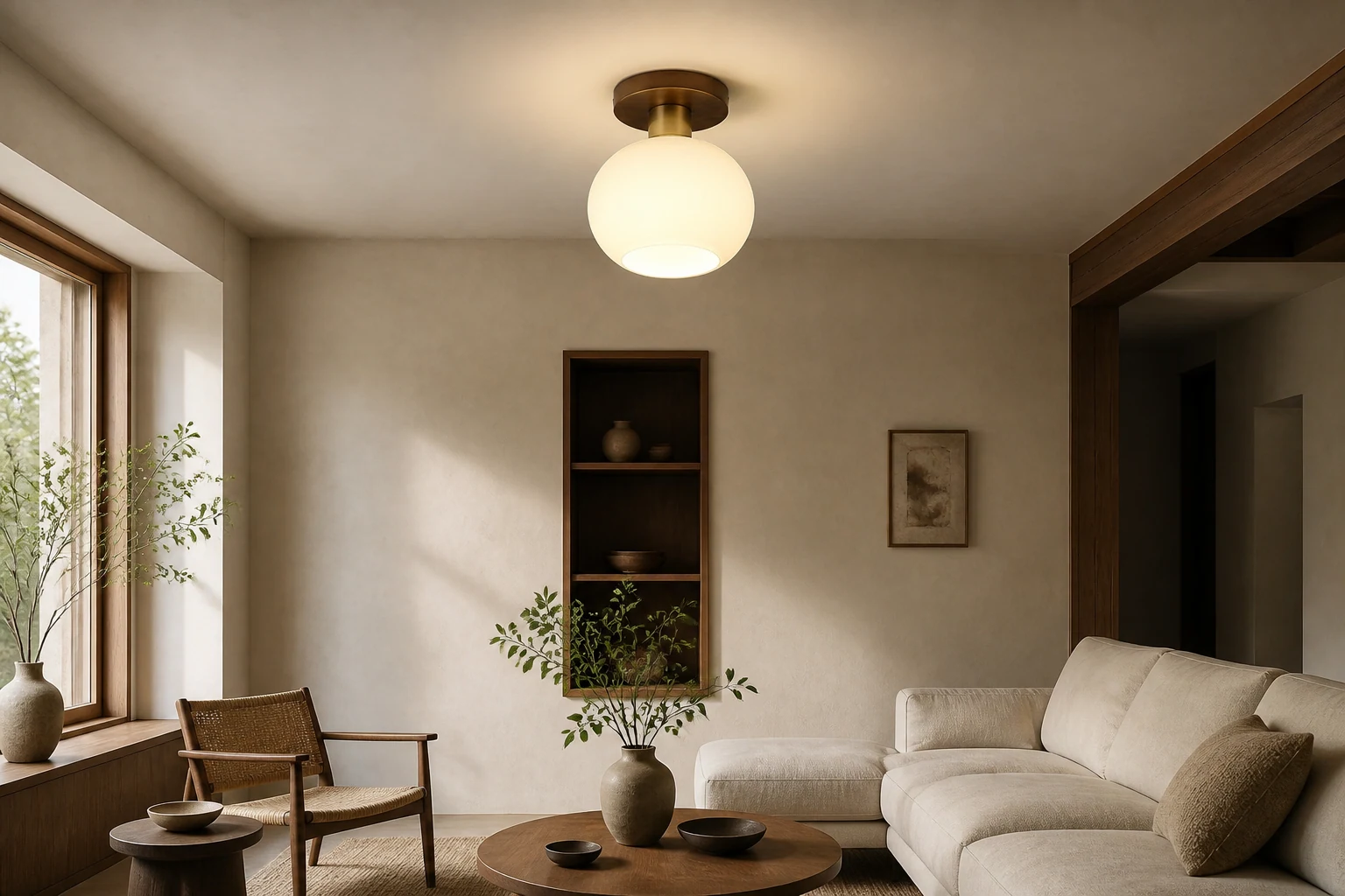 Vintage wabi-sabi ceiling lamp shown in a warm interior scene
