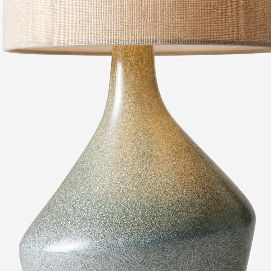 Zbliżenie na ceramiczny korpus lampy Lumo i lniany klosz