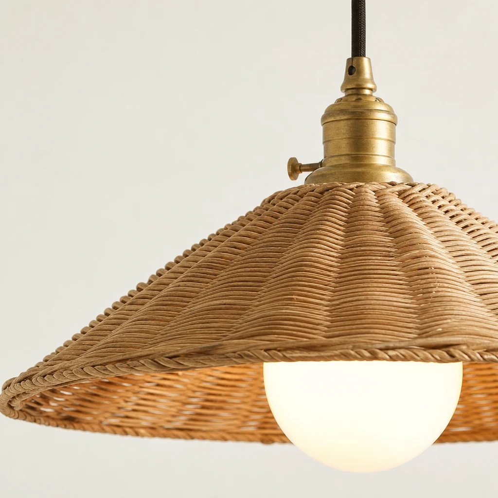 Zbliżenie na rattanowy splot i wykończenie lampy wiszącej Breezy Haven