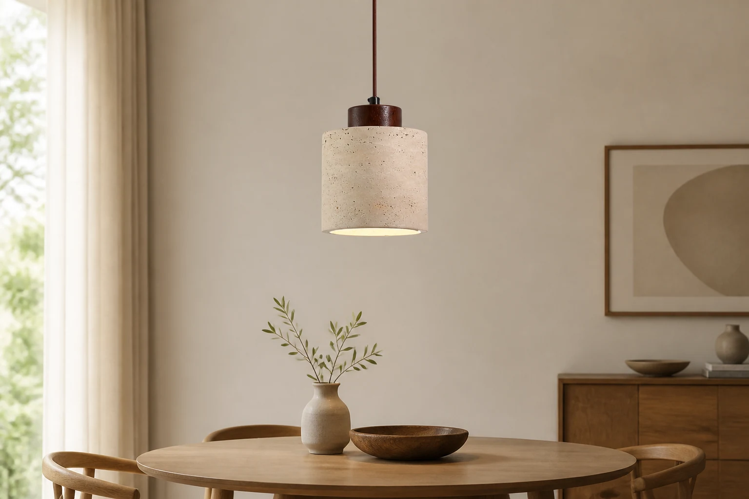 Lámpara colgante de travertino nórdico en un ambiente de estilo de vida.
