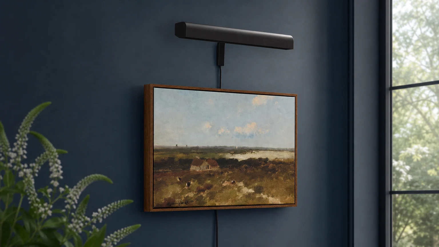 Lampa galeryjna Libris z litego mosiądzu pokazana nad oprawioną grafiką