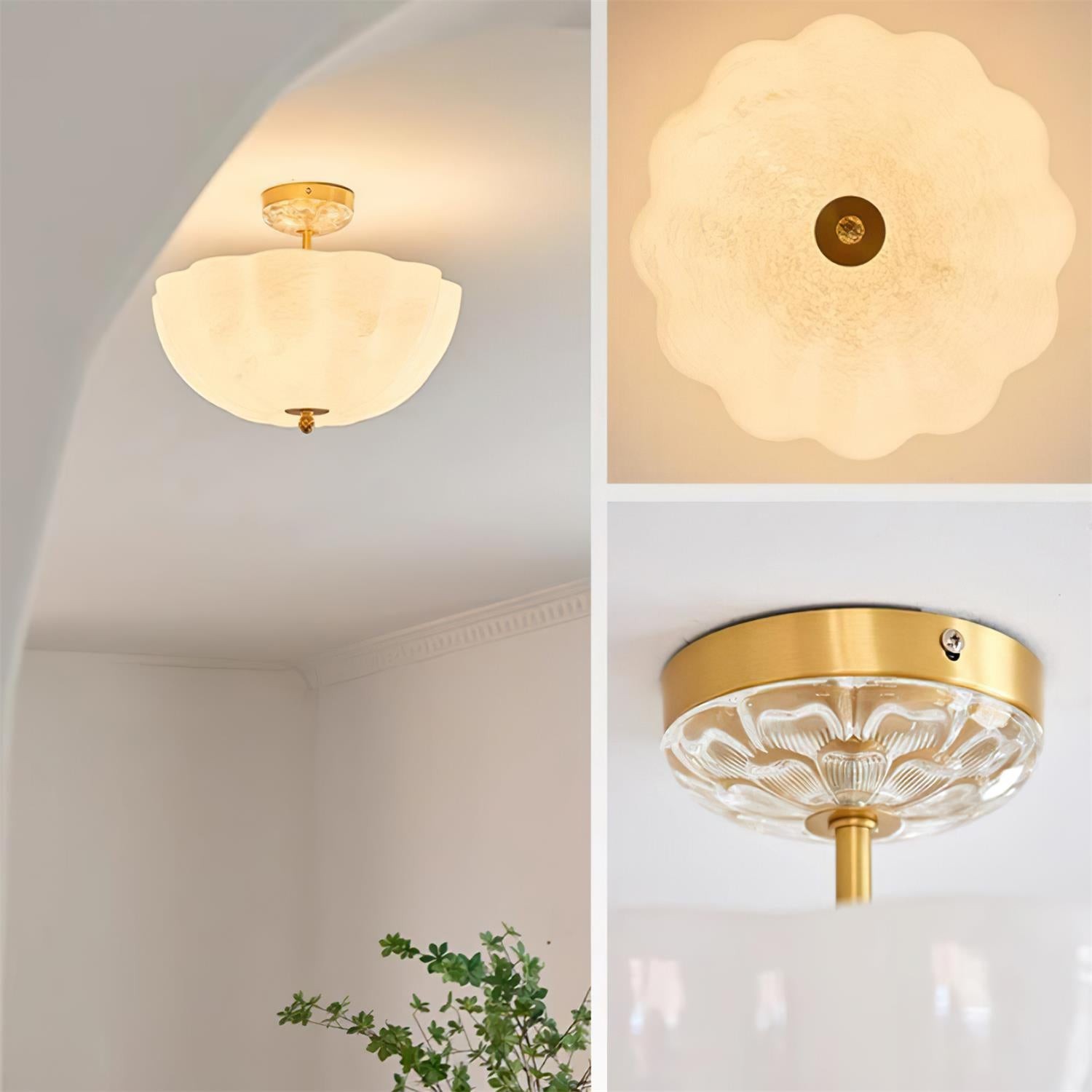 Melkehvit glassblomsttaklampe vist i en romkollasje med opplyste detaljer under