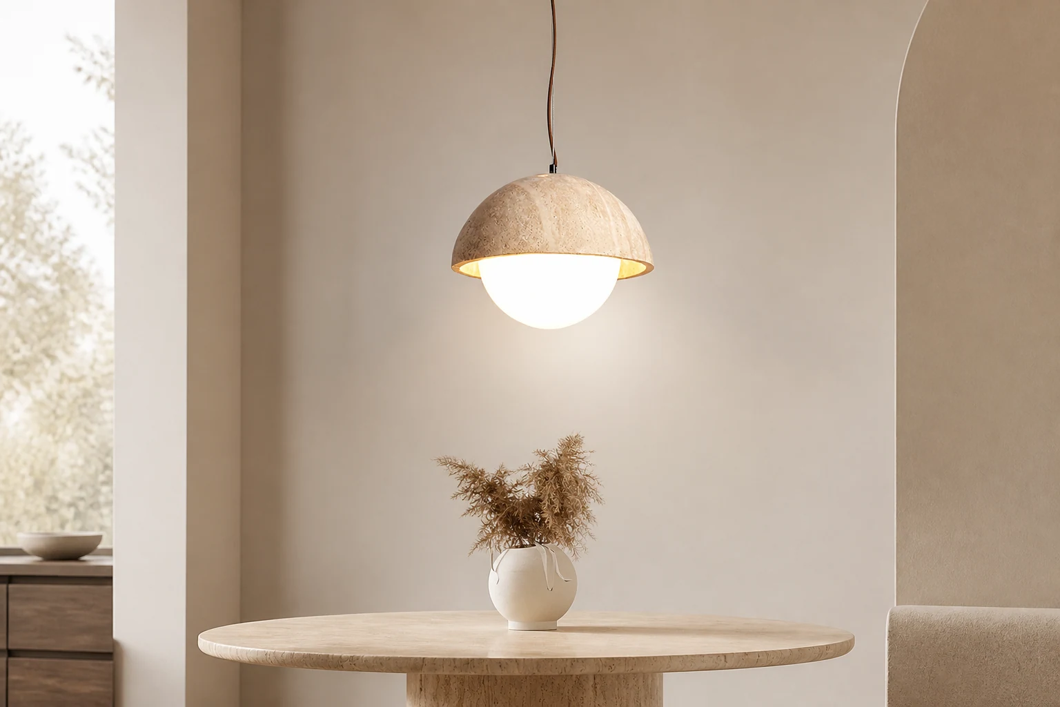 Trawertynowa lampa wisząca pokazana w innym pomieszczeniu