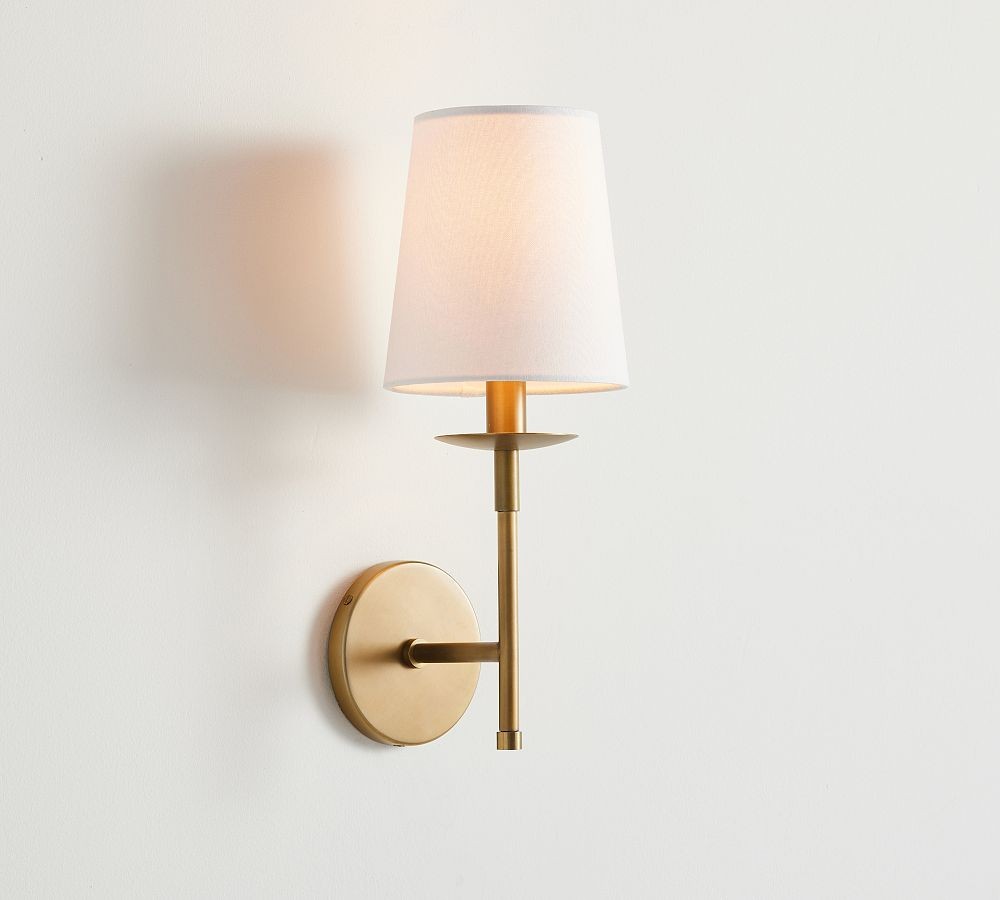 Rowan Bronze or Brass Wall Sconce - Iron Light with White Linen Shade for Home T053