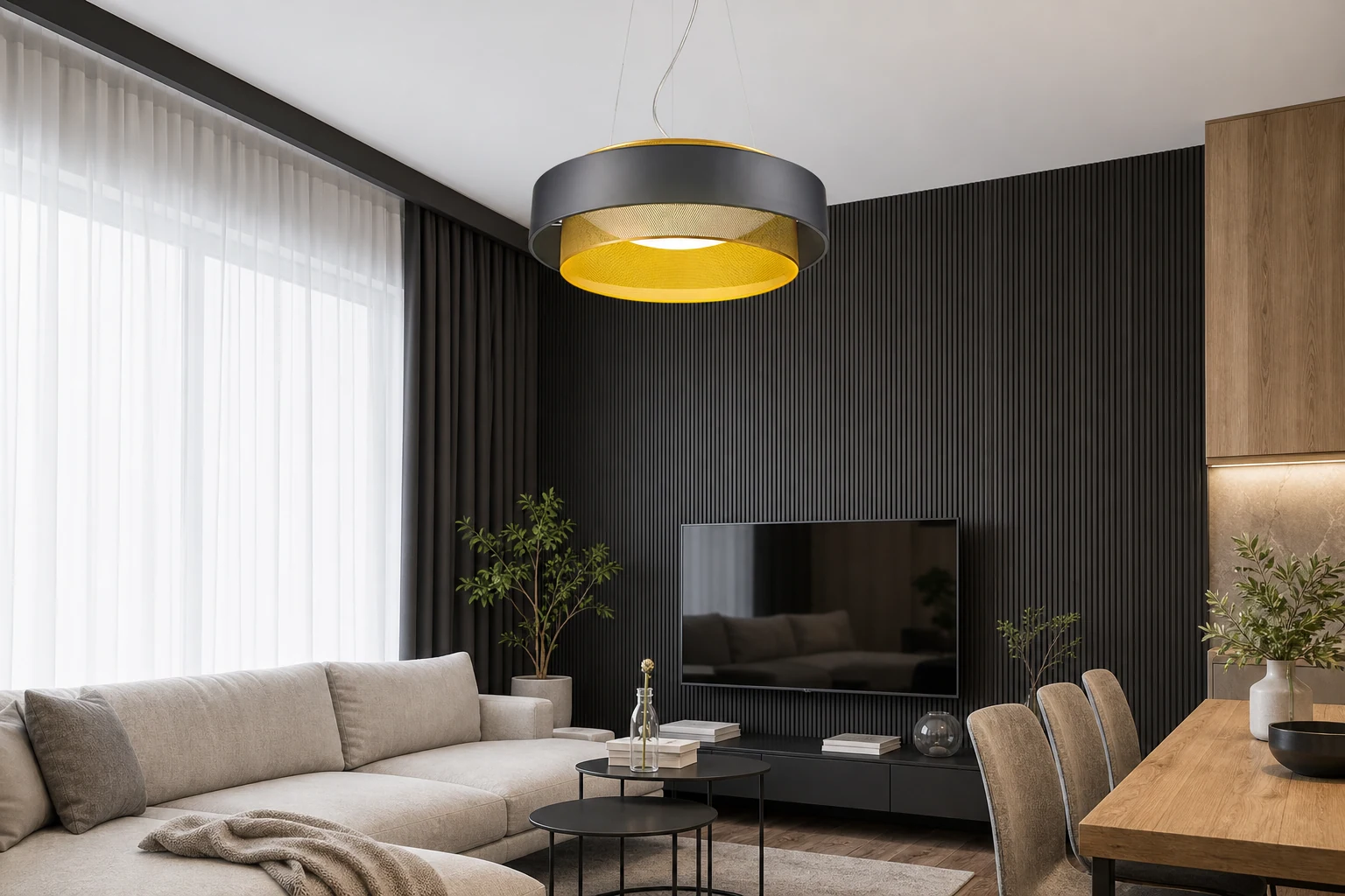 Scena w stylu lifestylowym z okrągłą lampą wiszącą
