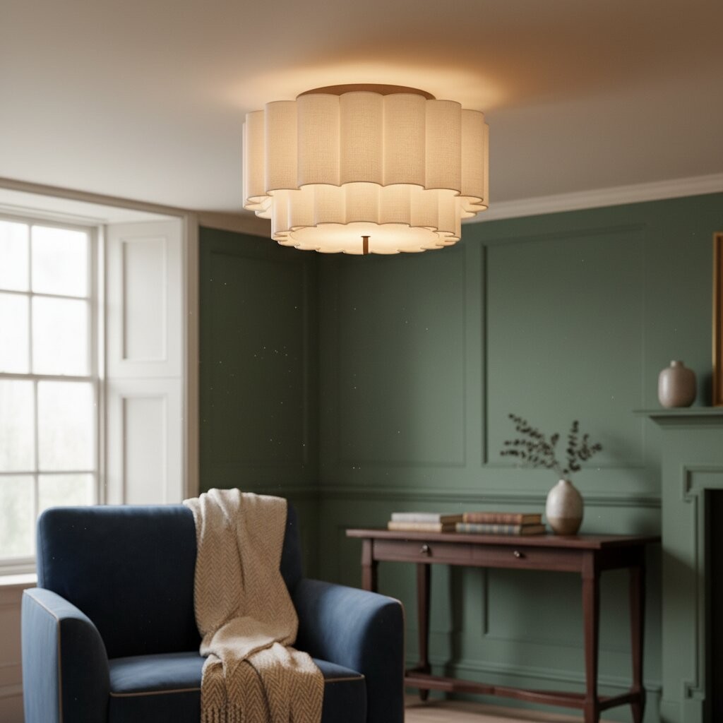 Linbron Flush Pendant - Scalloped Linen Shade Bronze Finish Modern Ceiling Light for Dining Room T479