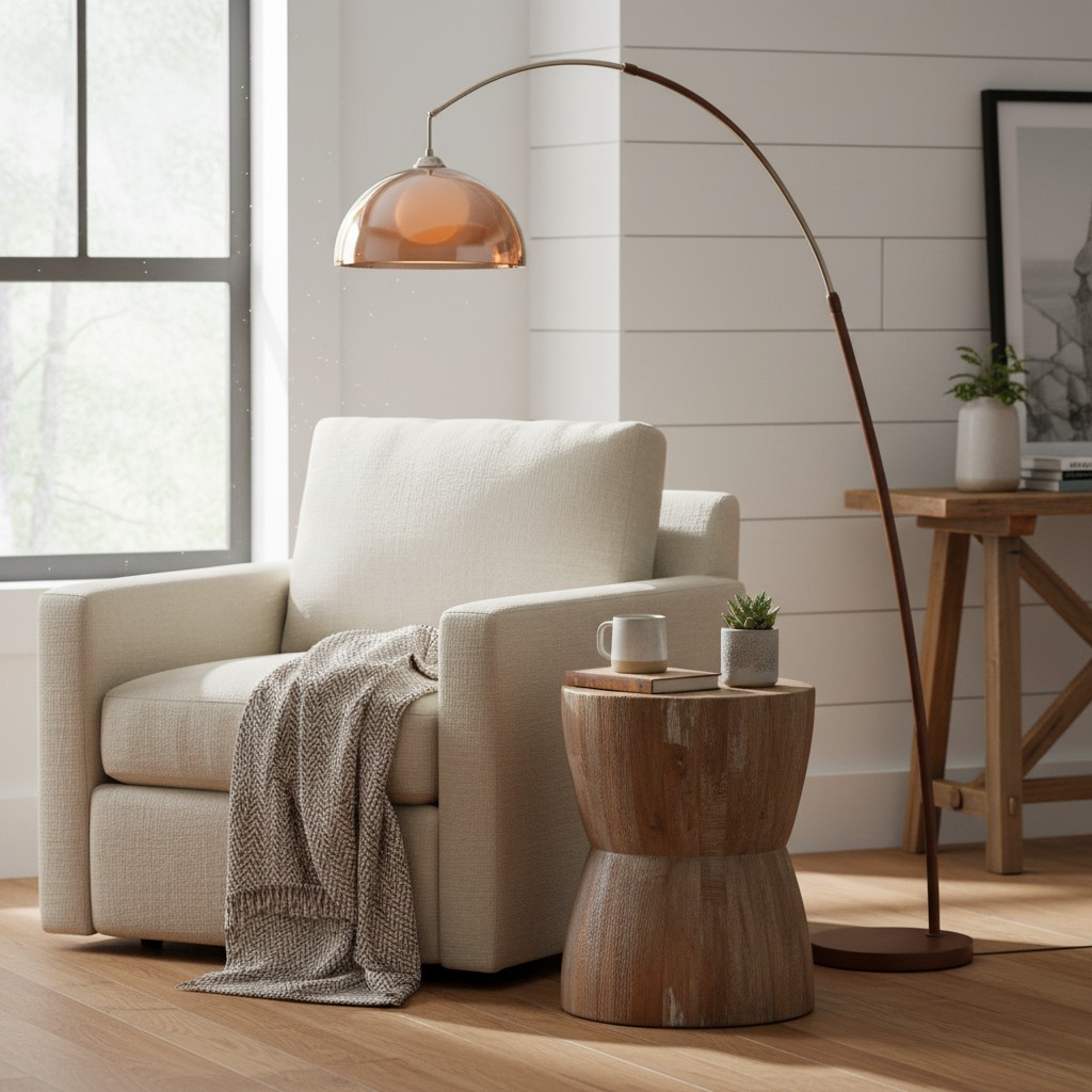 Lámpara de pie arqueada Afterglow junto a la silla y la mesa auxiliar.