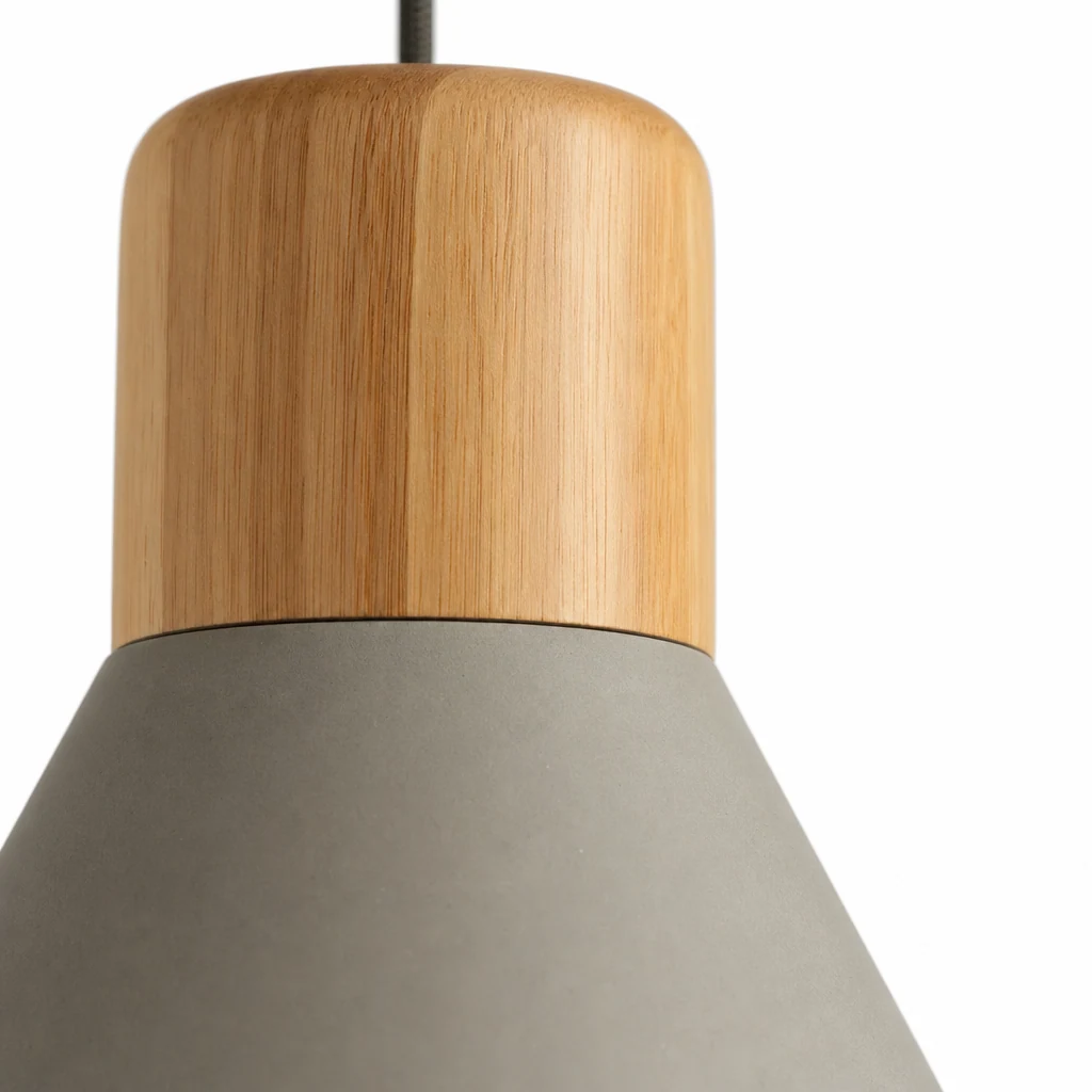 Close-up detail of the Andenon Cement Pendant Light cement shade and wood accent