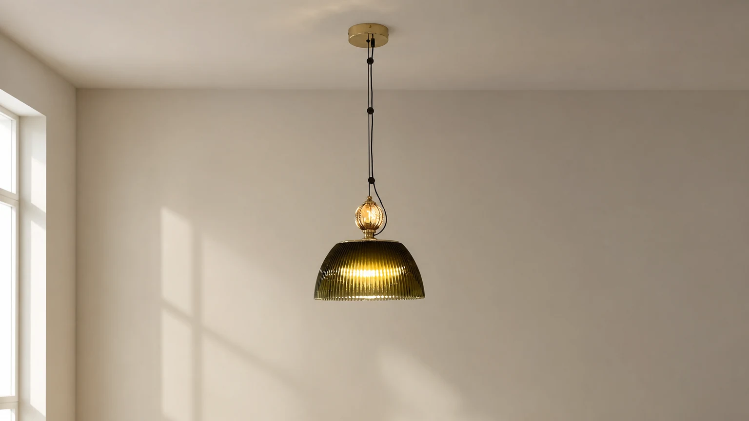 Nowoczesna lampa wisząca z zielonym, szklanym kloszem w stylu vintage, pokazana w pomieszczeniu
