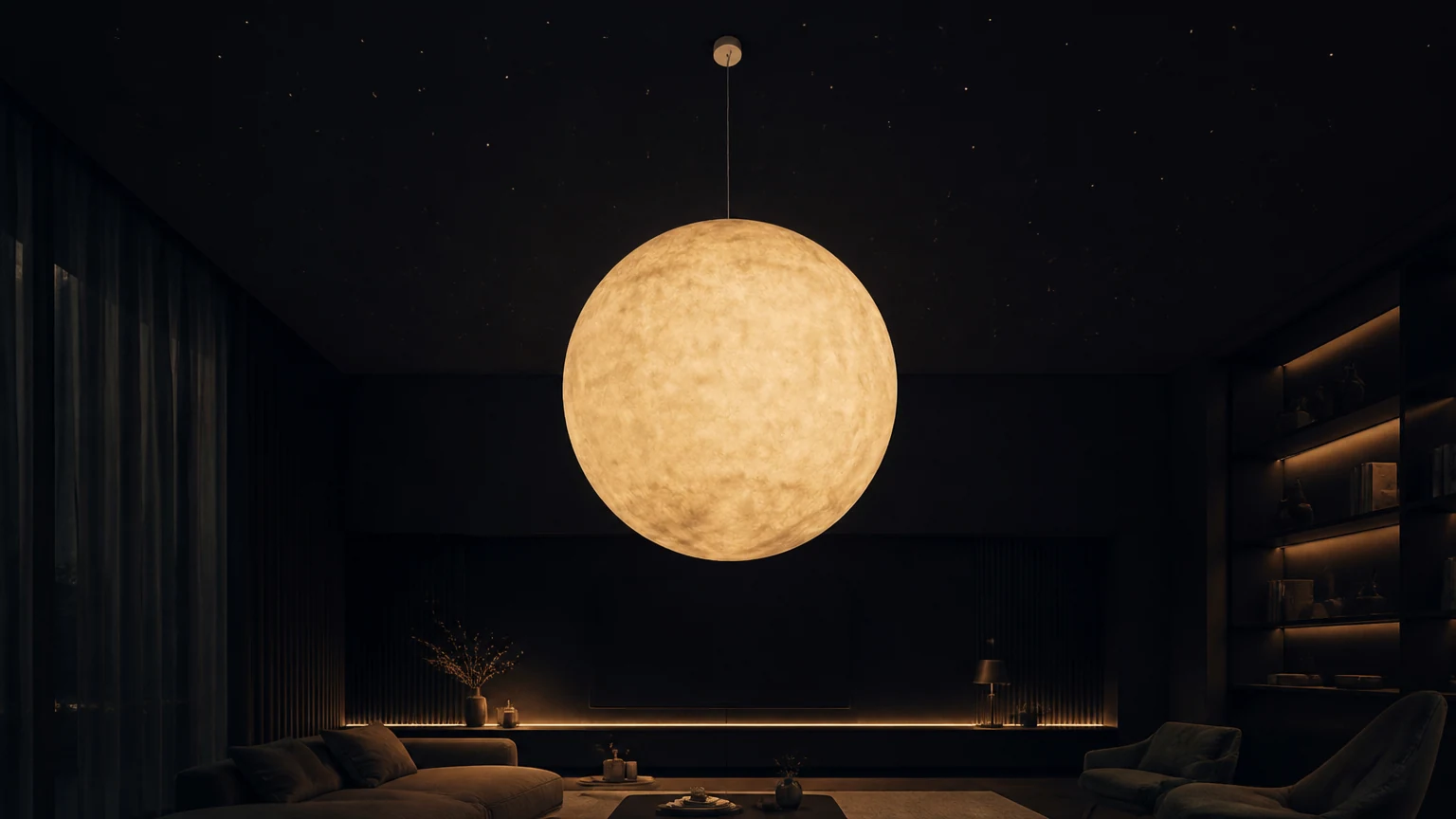 Nowoczesna lampa wisząca Moon Globe w poziomej scenie w salonie