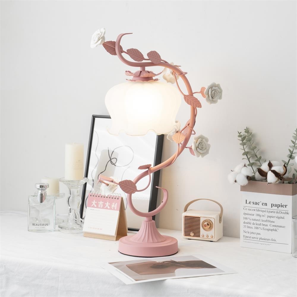 Green Pink White Rose Flower Table Lamp M209