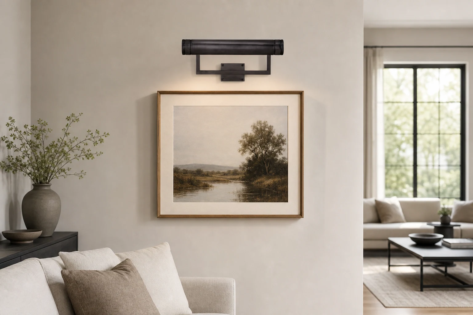 Wąska lampa obrazowa Aurix w ciepłym wnętrzu w stylu galerii