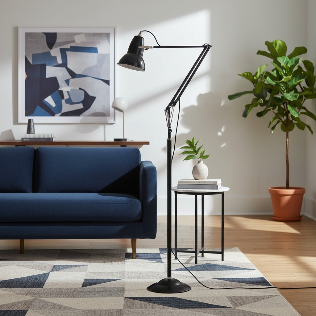 Svart justerbar golvlampa Modryx bredvid en soffa