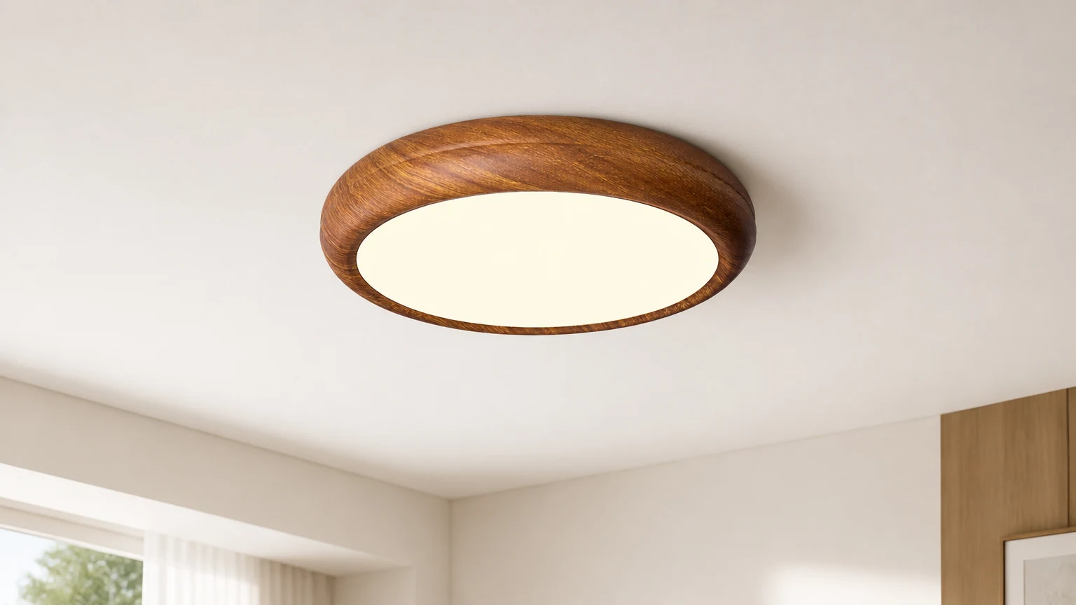 Okrągła lampa sufitowa M297 w kolorze drewna w ciepłej scenerii wnętrza