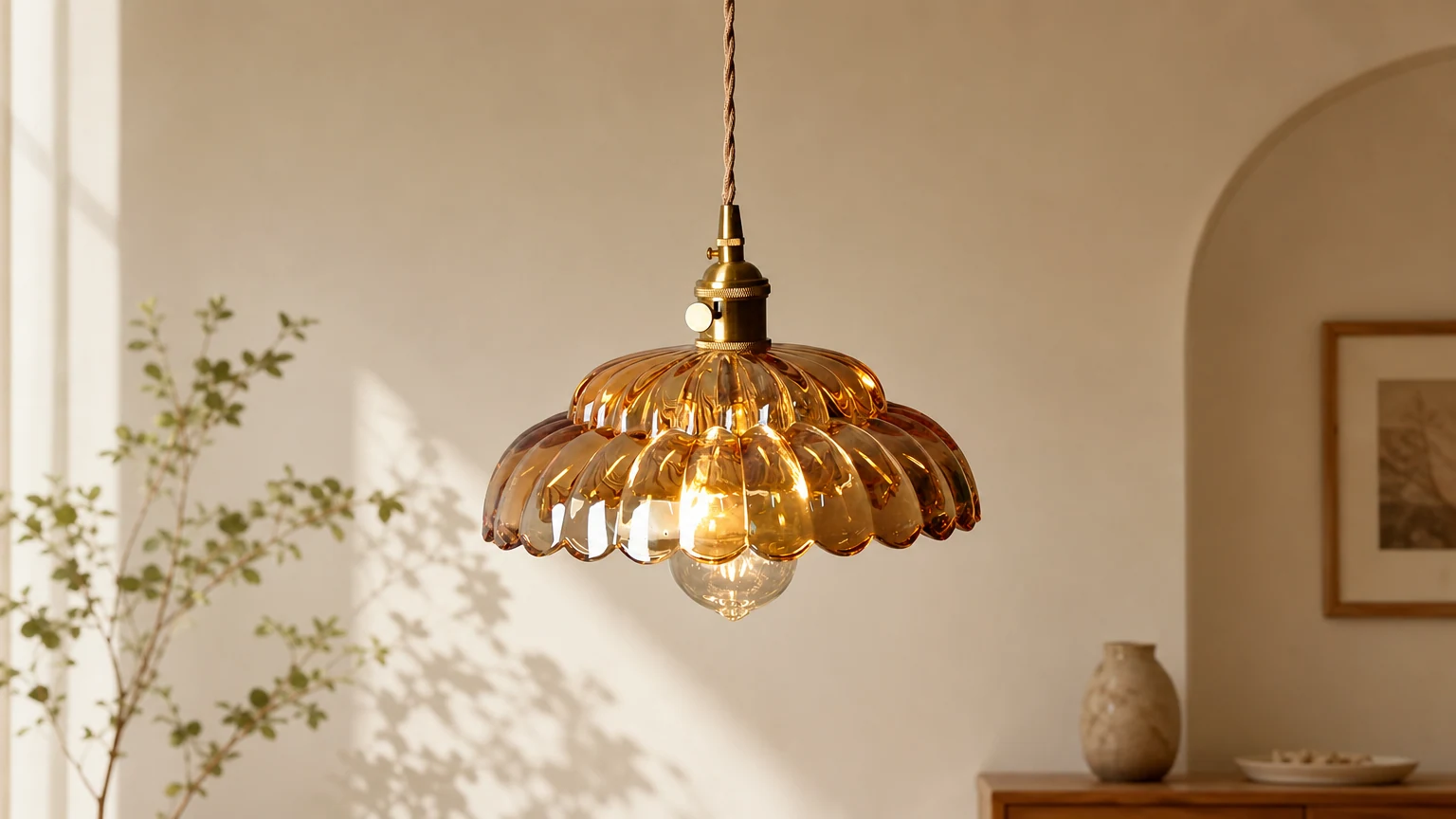 Nordisk Vintage Petal Glass Pendellampa S174 i en varm inredningsmiljö