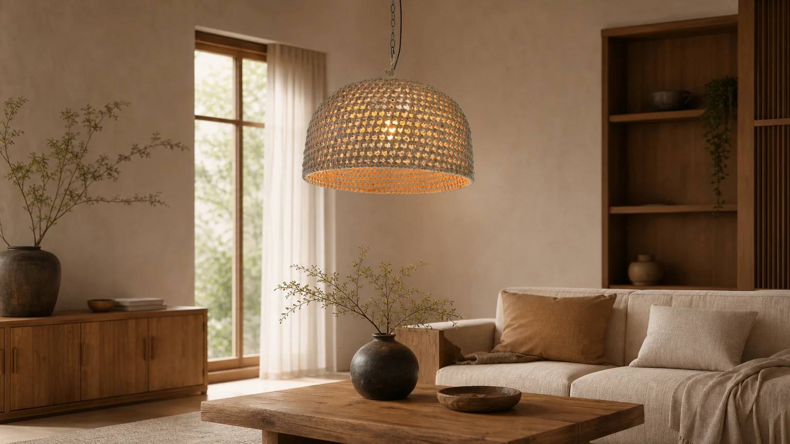 Naturalna lampa wisząca Japandi z rattanu Shadow D830 w ciepłej, poziomej scenie pomieszczenia