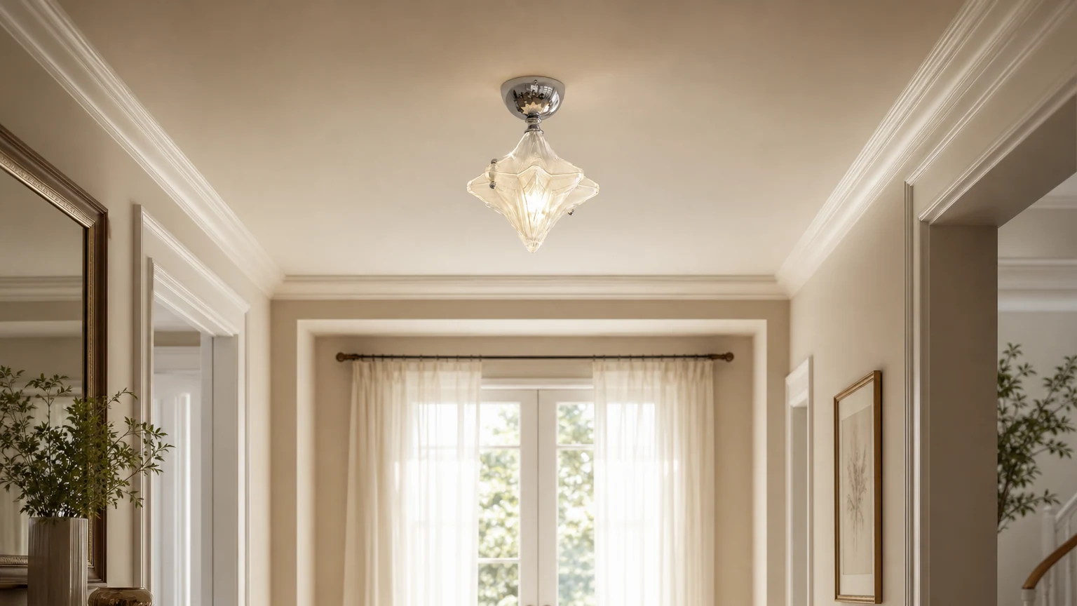 Lampa sufitowa z matowego szkła w kształcie gwiazdy w stylu Art Deco zainstalowana w korytarzu
