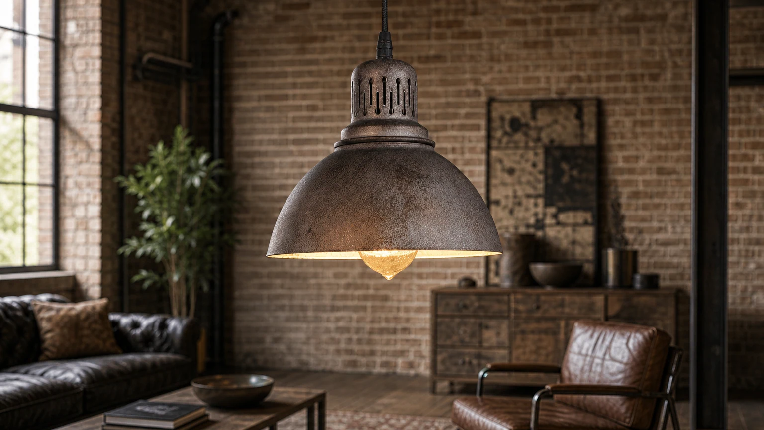Industrielle Pendelleuchte CROSBY in einem industriell gestalteten Esszimmer