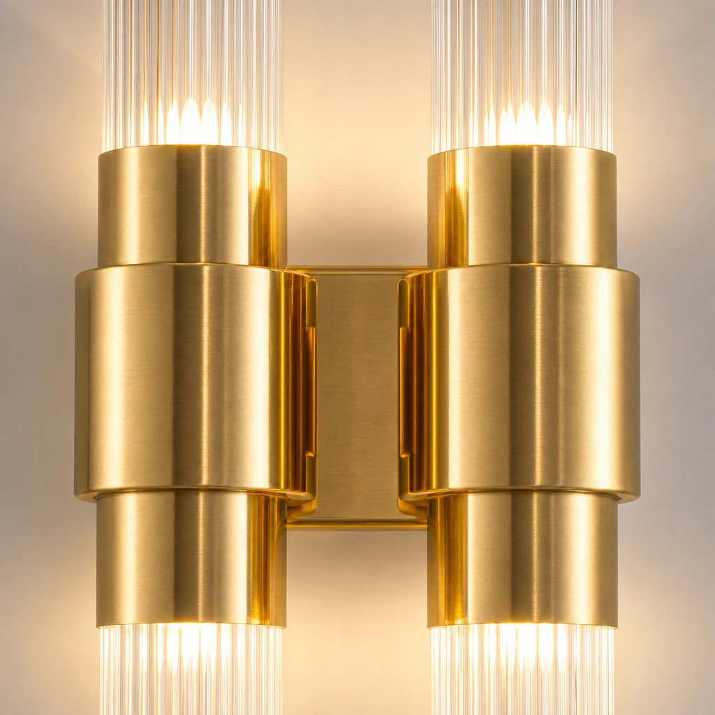 Close-up detail of the VILLEA glass and golden metal wall lamp