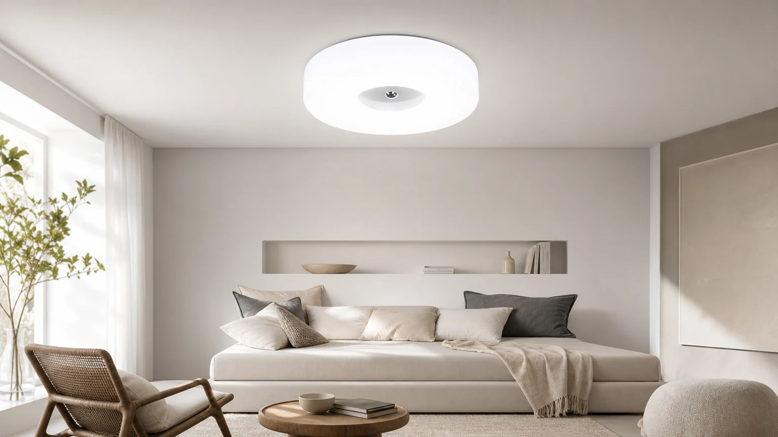 LITHONIA Dubbelring LED-taklampa installerad i ett modernt rum