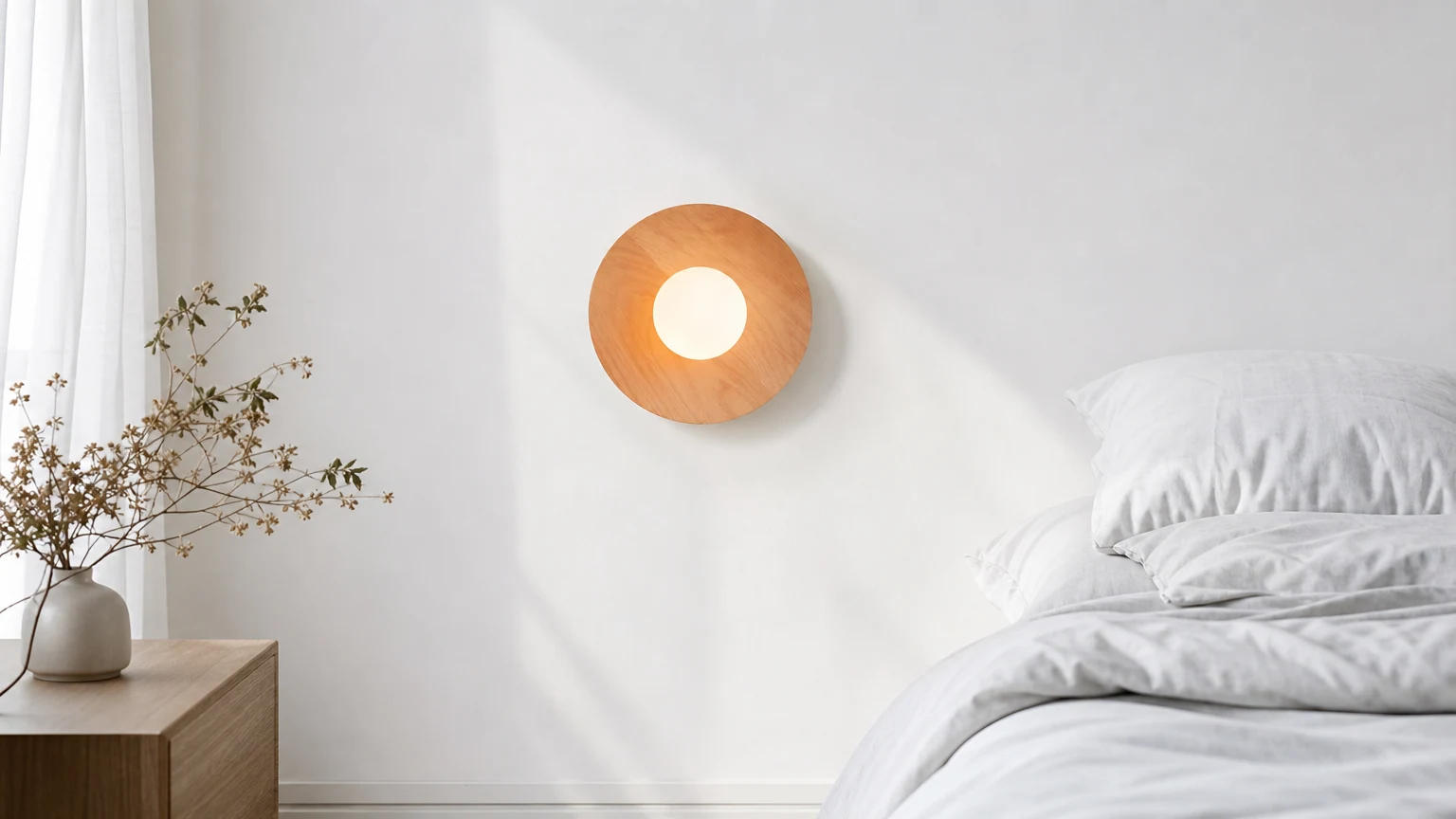 La lámpara de pared Serenity Wooden Light D781 se instaló como un aplique de pared de madera cálida.