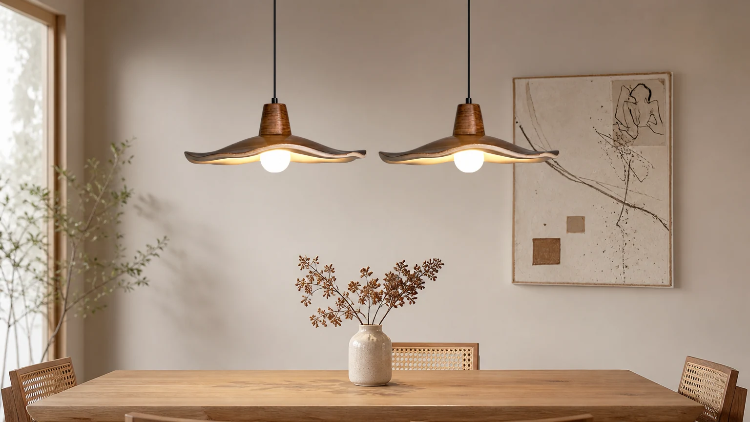 Czarna lampa wisząca Tropez imitująca drewno orzechowe, zainstalowana w ciepłej scenerii kuchennej