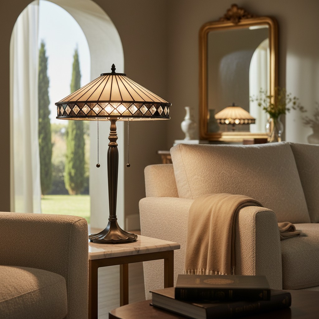 TF Fargo Geometric Tiffany Style Lamp - Amber and Cream Glass Accent Lighting for Bedroom or Study T643