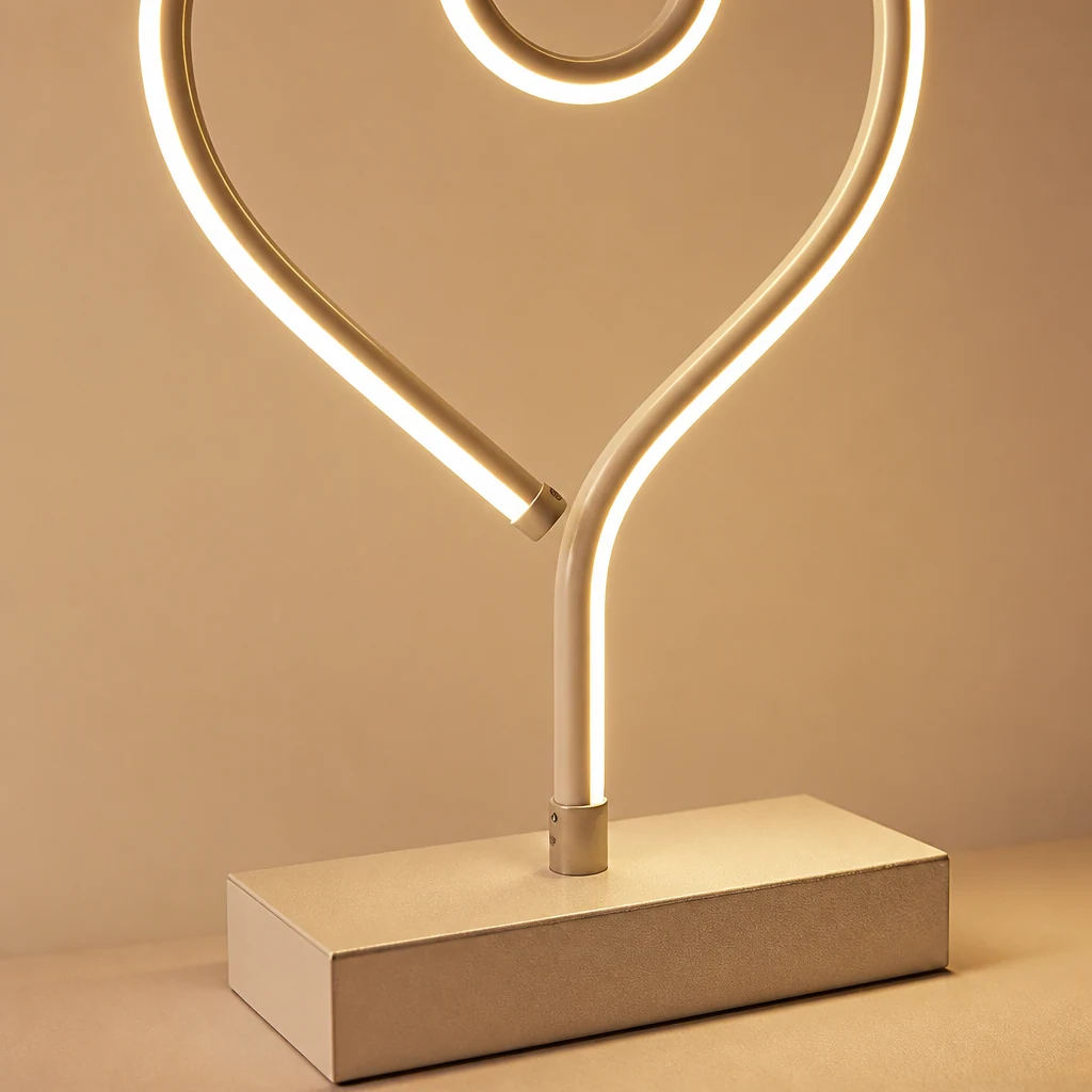Detalle en primer plano del acabado y la forma iluminada de la lámpara de escritorio con figura geométrica.