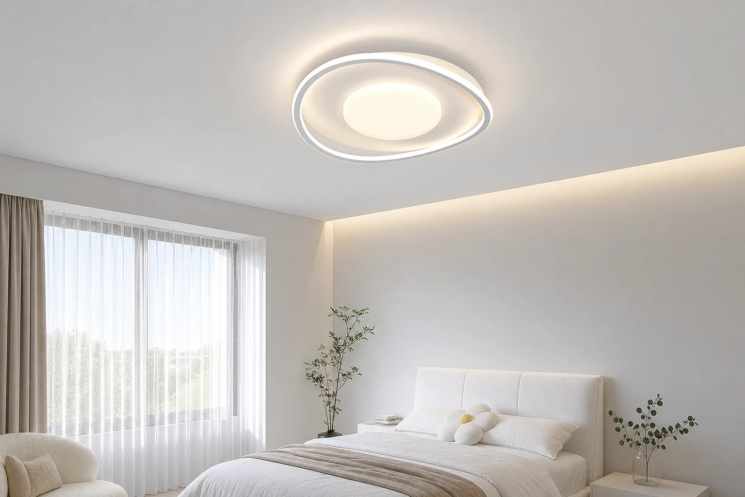 Minimalistyczna lampa sufitowa LED M541 o geometrycznej geometrii pokazana w scenie lifestylowej