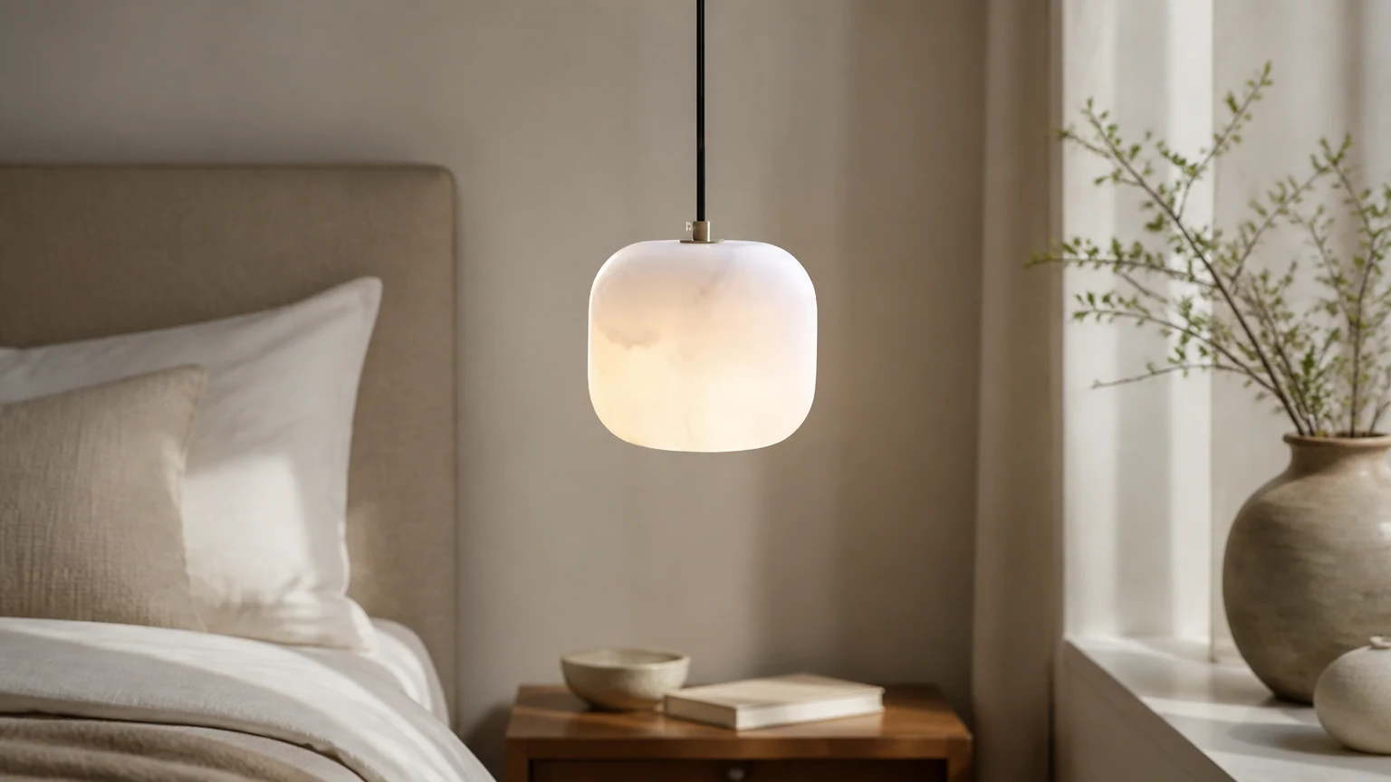 Alabastrowa lampka nocna D423 w ciepłej sypialni