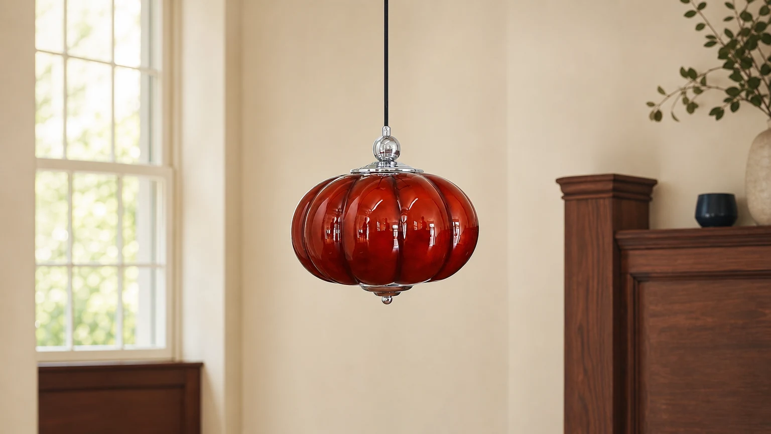 Lampa wisząca Pumpino D119 z czerwonego szkła wisząca w ciepłej scenerii wnętrza