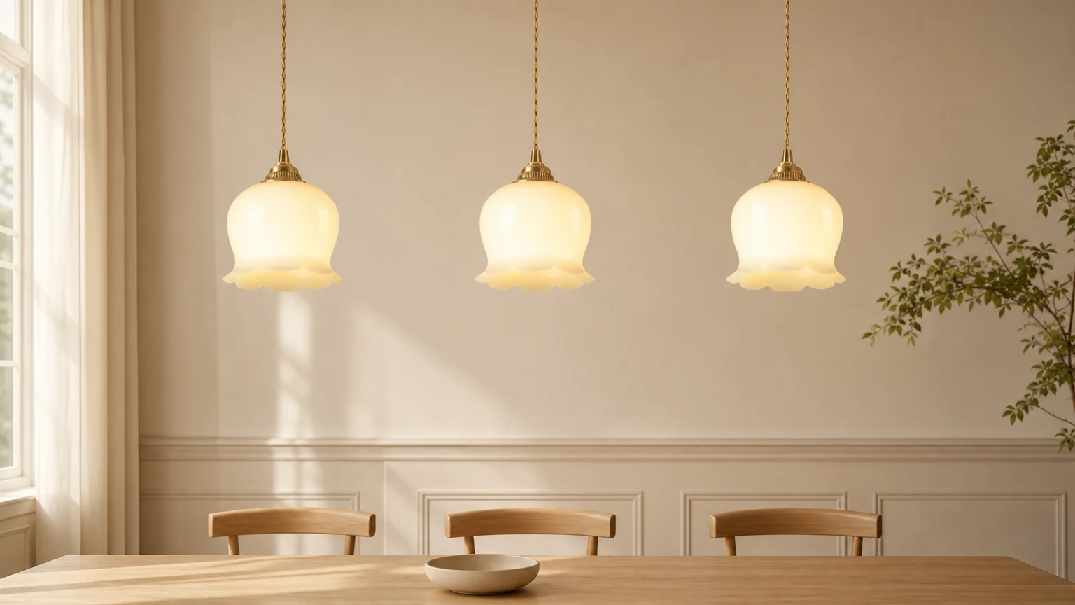Tradycyjna szklana lampa wisząca w kształcie kwiatka M316 w ciepłej scenerii wnętrza