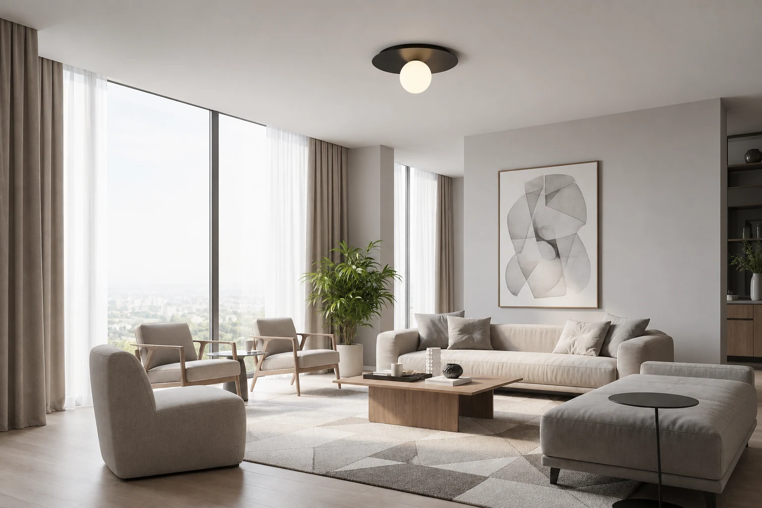 Lampa sufitowa Geotower pokazana w pomieszczeniu lifestylowym osadzonym w kontekście produktu