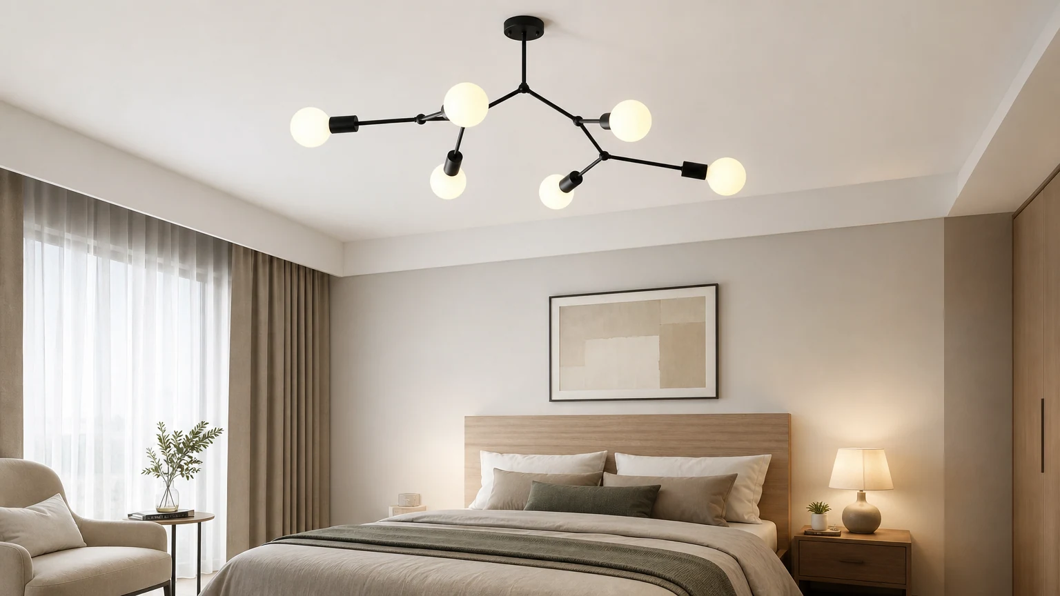 Minimalna molekularna lampa wisząca pokazana jako scena bohatera w poziomym pomieszczeniu