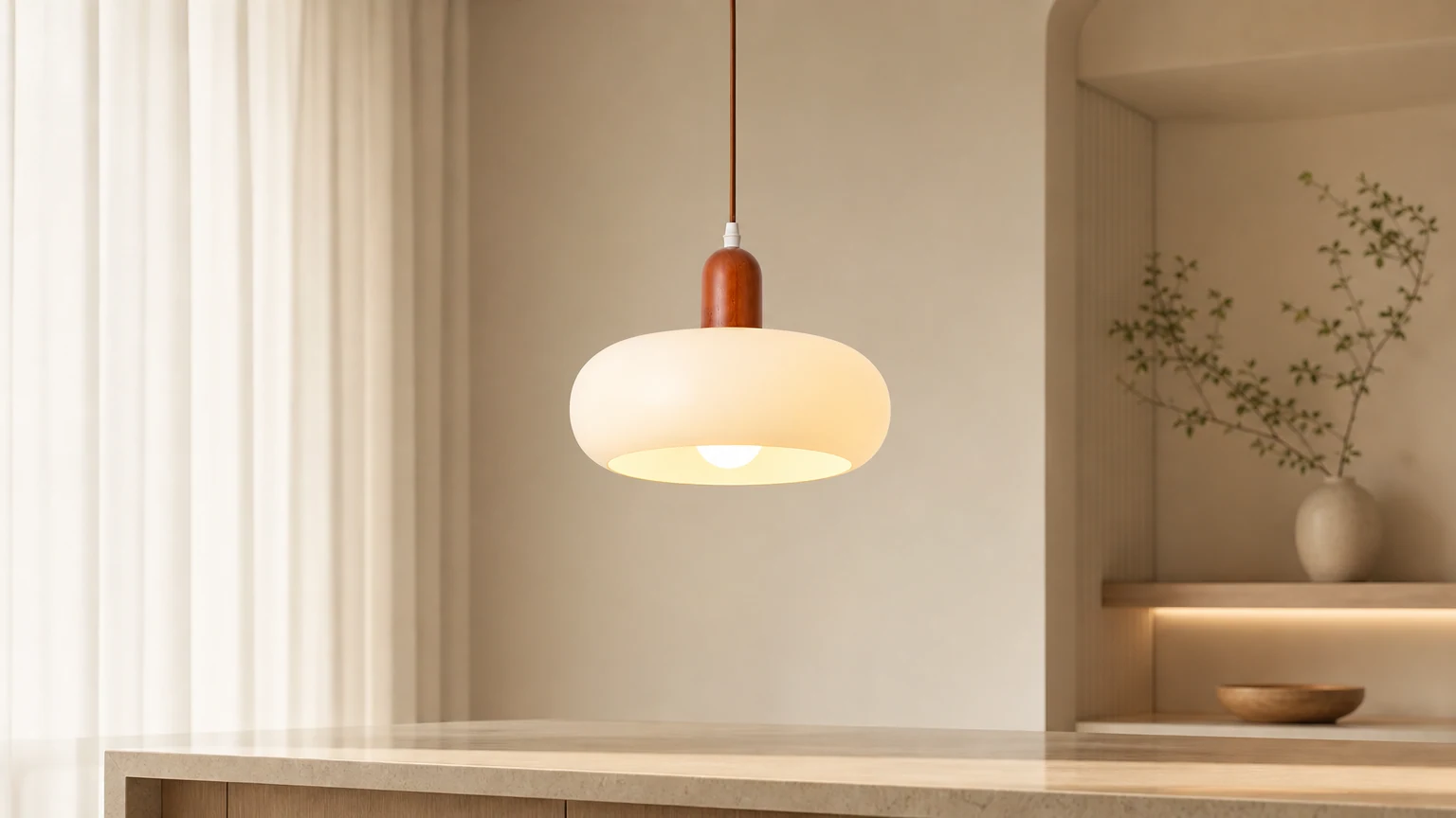 Lampa wisząca ze szkła z połowy wieku w ciepłej scenie wyspy kuchennej