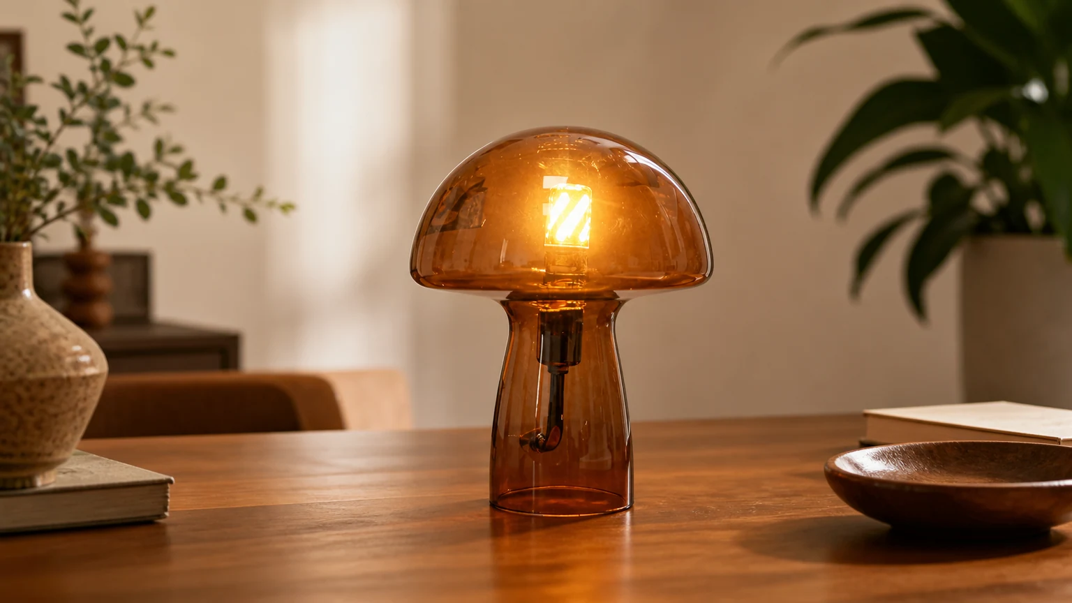 Szklana lampa stołowa FUNGO Edycja specjalna w ciepłej scenie na blacie