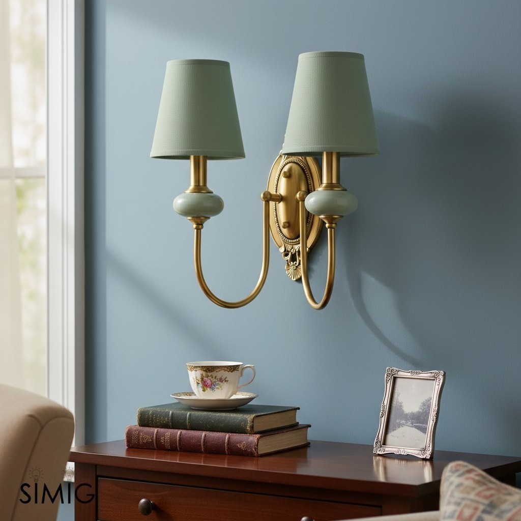 Two-head green shade Elaris wall sconce above a side table