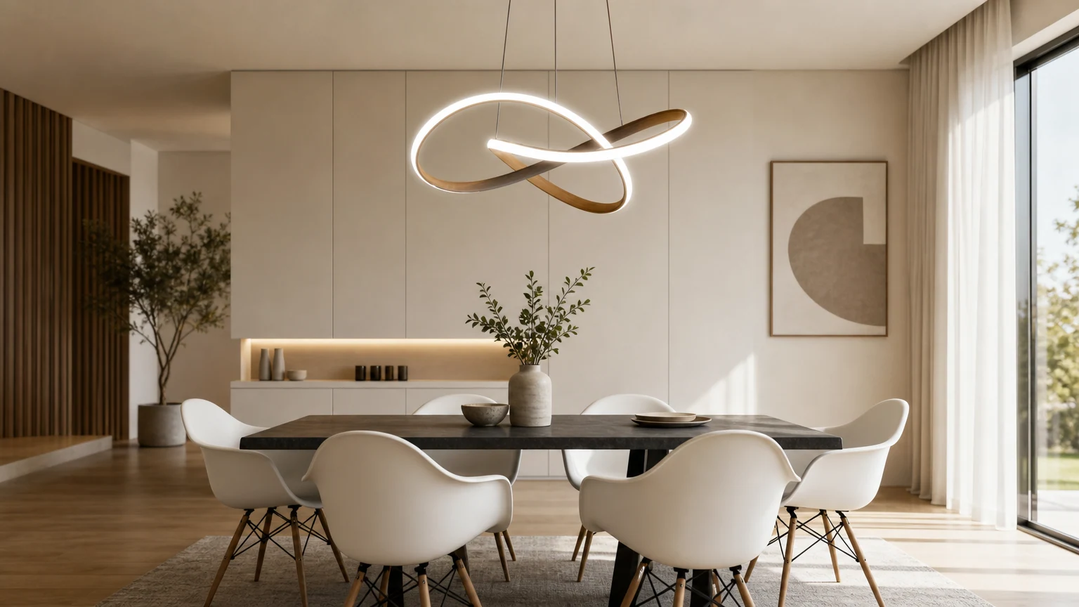 Lámpara colgante LED moderna GRANDEUR instalada sobre una mesa de comedor.