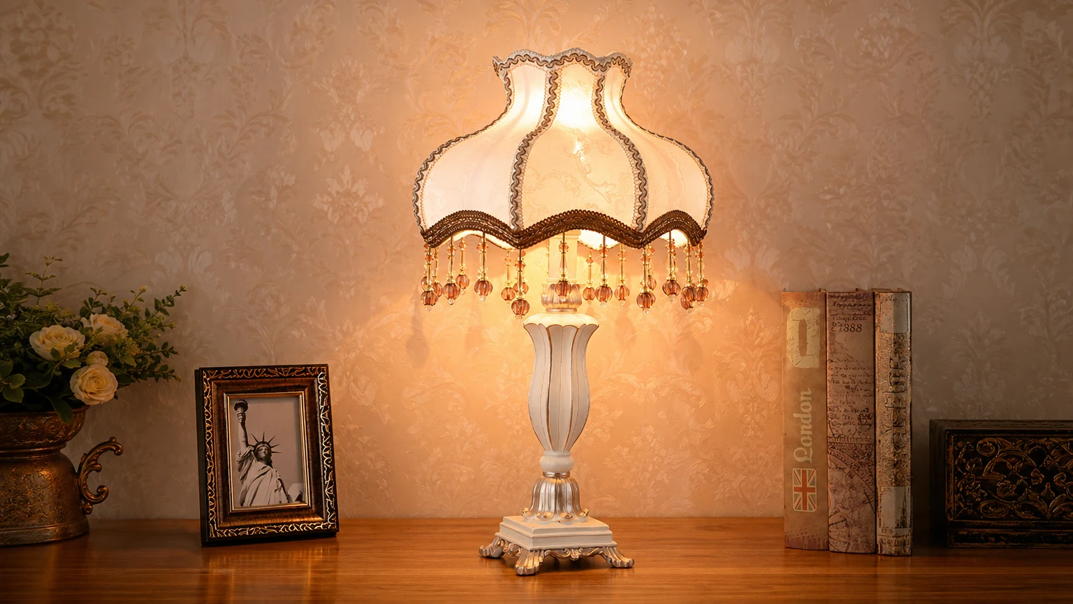Lampa stołowa M16 z rzeźbioną żywicą w kształcie kwiatu Pałacu w ciepłej scenie na blacie