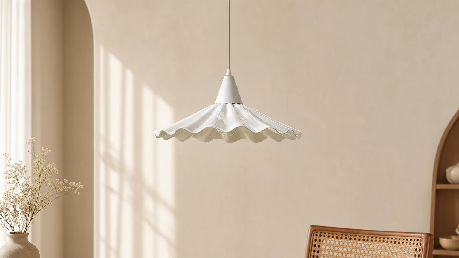 Ruffles pendellampe P016 i et mykt interiør